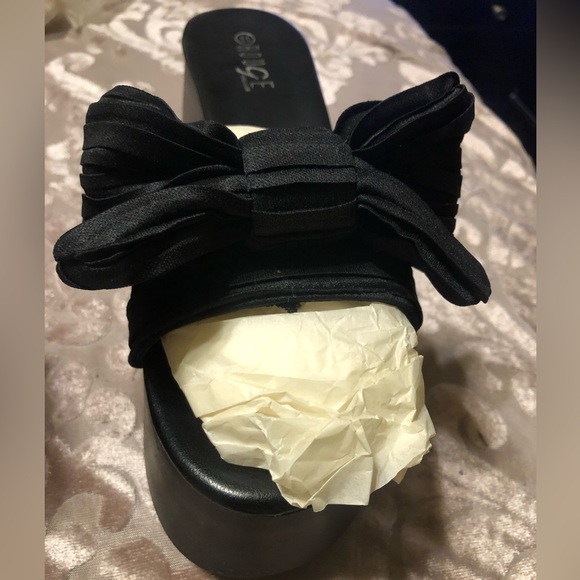 Black Sandal Wedge w Black Bow Open Toe - Picture 5 of 6